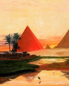 Voir le détail de cette oeuvre: Pyramides au couché de soleil